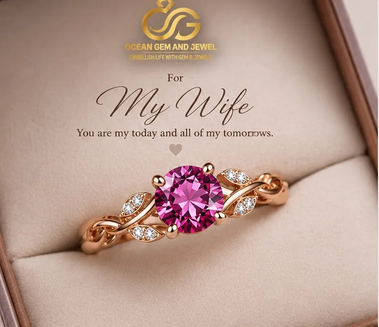 Concept visualisation of the ring: a round pink stone on a leaf-and-infinity band