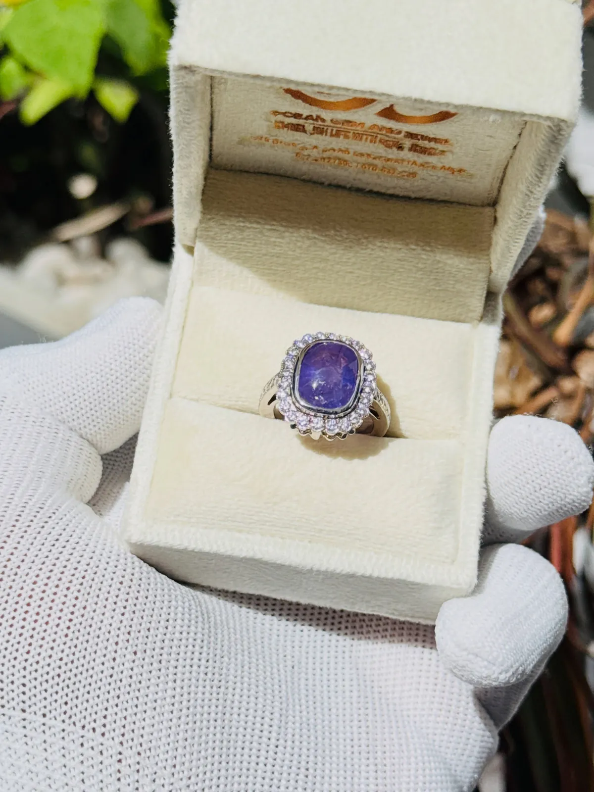 Natural violet sapphire ring in its cream Ocean Gem & Jewel box