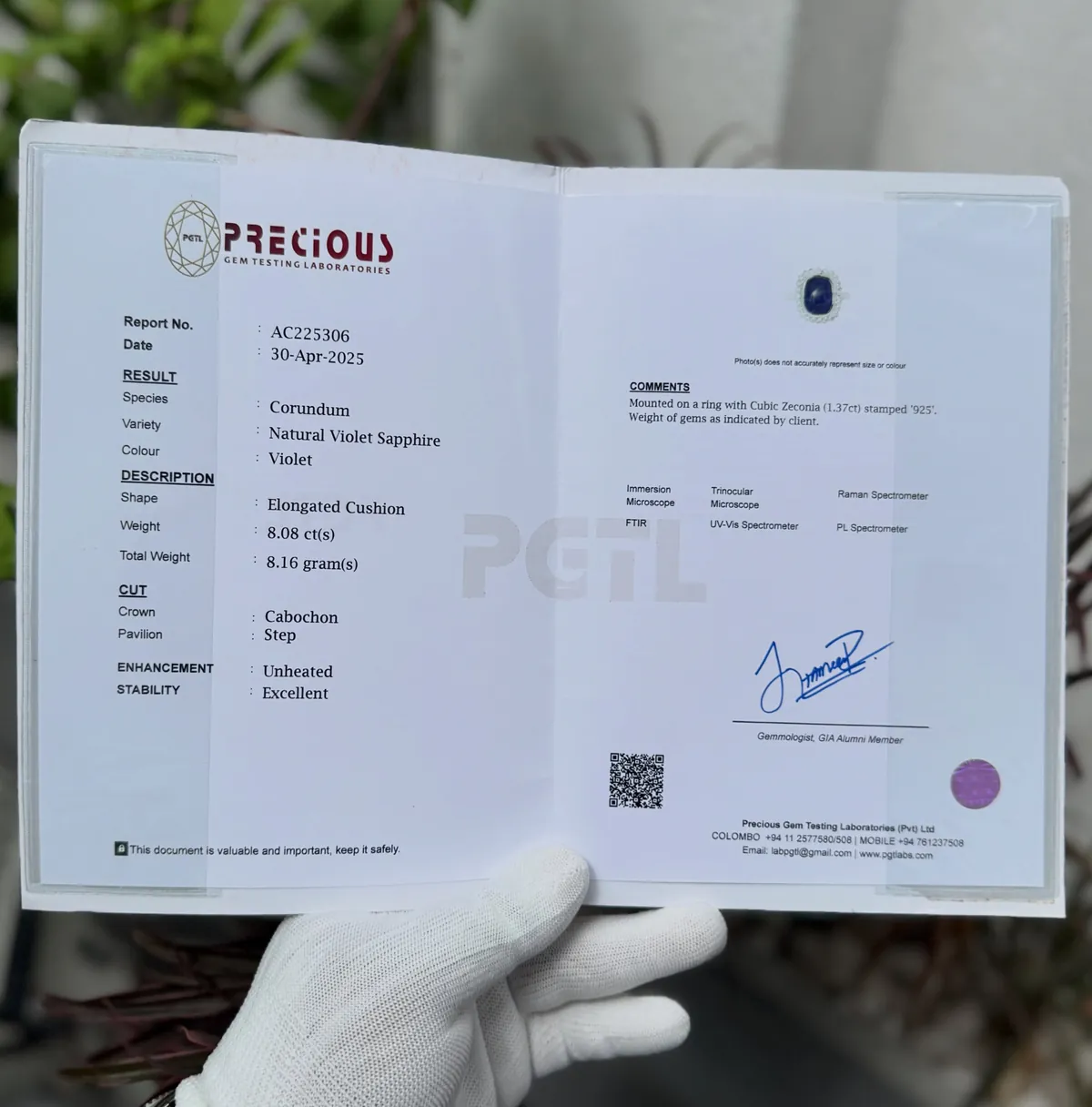 PGTL gemstone report for this violet sapphire